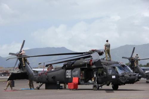 U.S. Army Blackhawk helicopters preparing for their mission in Trinidad and Tobago